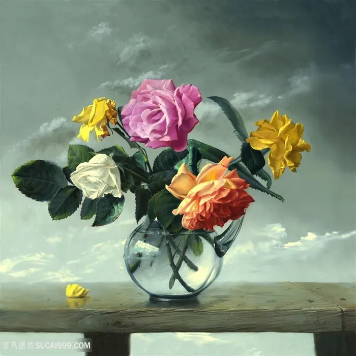 插在玻璃瓶中的玫瑰鲜花油画图片