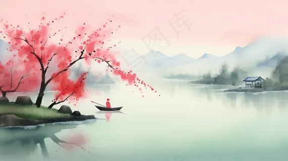 江南水乡水墨画山水船桃花插画