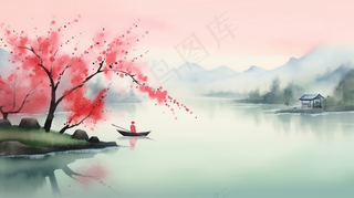 江南水乡水墨画山水船桃花插画