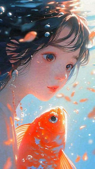 阳光水底光照游泳长发美人，鱼类金鱼，水气泡