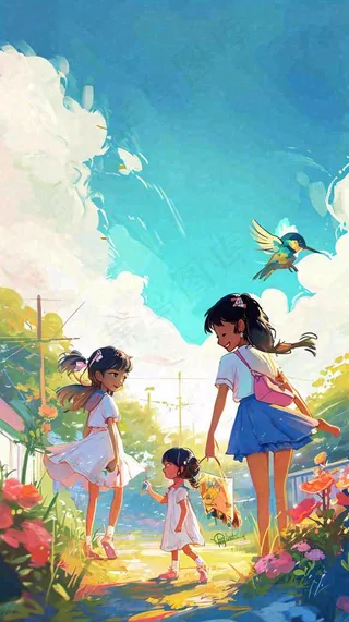 清新蓝天白云儿童路边行走手绘插画，花丛草地植物