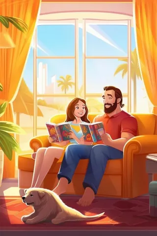 父亲女儿温馨陪伴看书橘色阳光背景