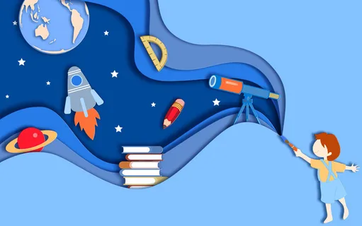 剪纸风学生开学季蓝色背景插画