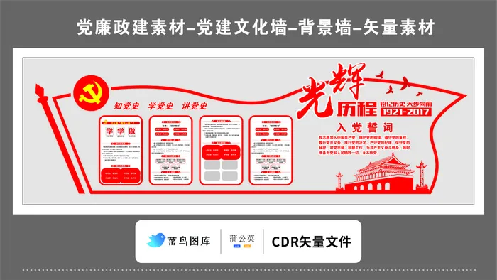 党建文化墙党建素材CDR预览图红色背景知党史学党史讲党史光辉历程cdr矢量模版下载