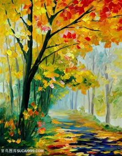 唯美水彩树小道油画手绘装饰画 唯美水彩树小道油画手绘装饰画