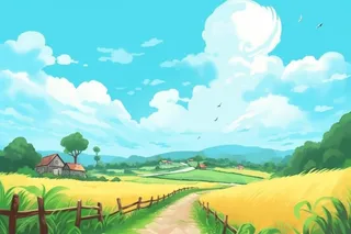 田园小路屋子小麦山脉背景