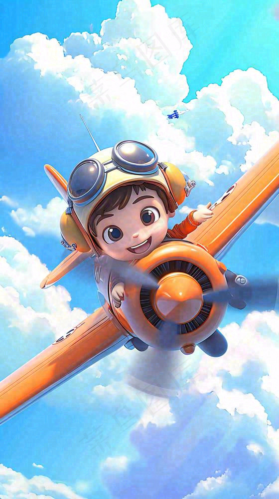 卡通少年男孩飞行飞机玩耍，可爱儿童节，天空白云