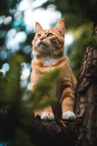 橘猫田园猫爬在树干上玩耍摄影图