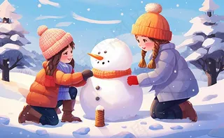 冬季下雪堆雪人孩子们儿童卡通插画背景