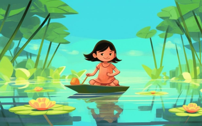 湖泊坐着睡莲上的人碧蓝插画背景(1376x864)
