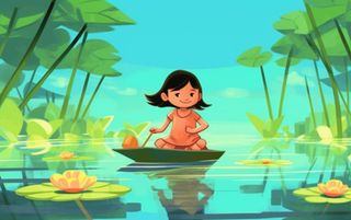 湖泊坐着睡莲上的人碧蓝插画背景