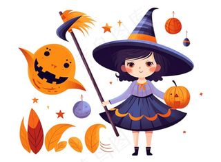 万圣节女巫蝙蝠南瓜卡通插画免抠
