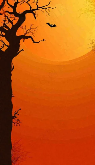 万圣节夜晚恐怖树枝橙黄色暗黑，西方节日