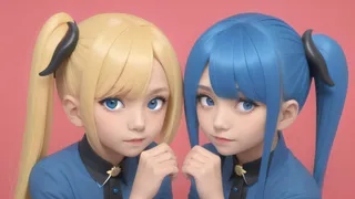 两个不同发色的女孩，手办模型风格，设计素材