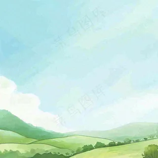 春天清新山脉田间草地绿植手绘插画