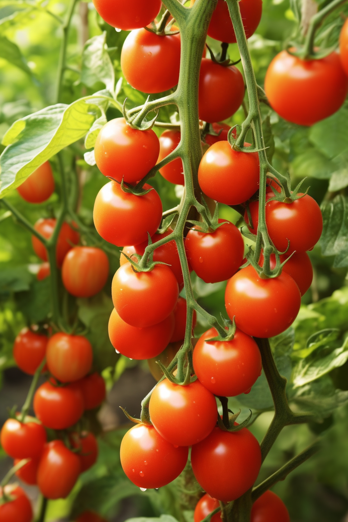 a close up of a bunch of tomatoes on a plant, a digital rendering by Julian Hatton, pixabay, bauhaus, tomatoes hanging on branches, tomatoes, forest gump tomato body (2688x4032)