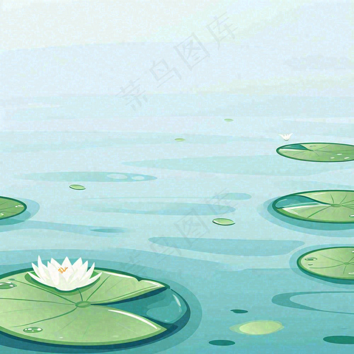 中国风夏日荷塘池白色荷花盛开手绘插画，立夏夏至大暑小暑(1024x1024)