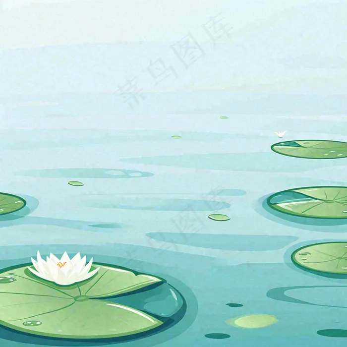 中国风夏日荷塘池白色荷花盛开手绘插画，立夏夏至大暑小暑(1024x1024)