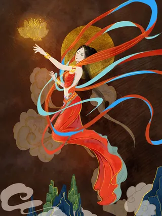 复古中国风国潮神话人物敦煌插画仙女手绘海报背景PSD设计素材