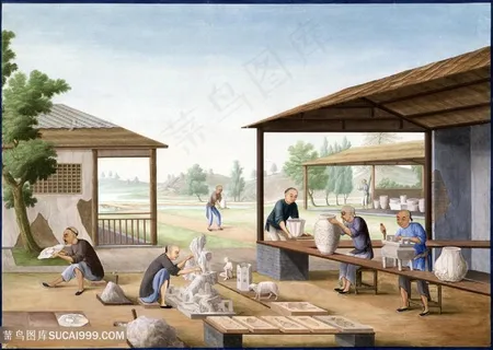 古代瓷器雕塑集市贸易场景绘画图片