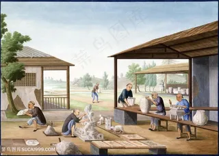 古代瓷器雕塑集市贸易场景绘画图片