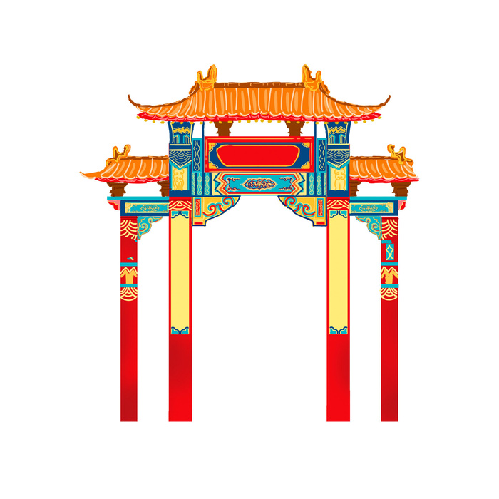 中国风复古式国潮门楼手绘城门插画牌楼建筑PSD素材png免扣图psd模版下载