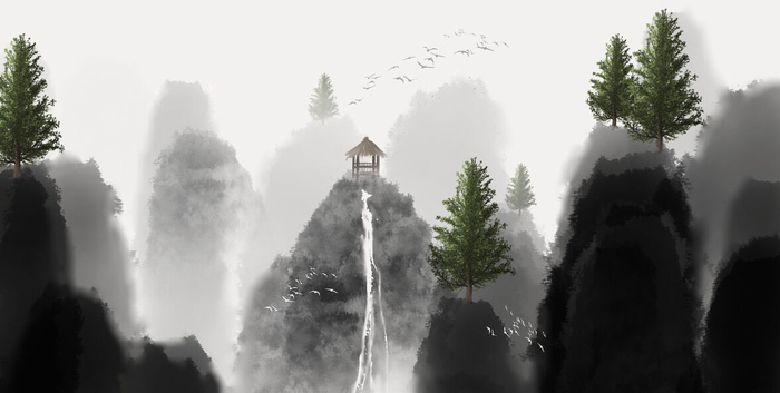 山川瀑布艺术风水墨画PSD素材