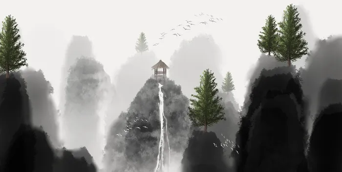 山川瀑布艺术风水墨画PSD素材psd模版下载