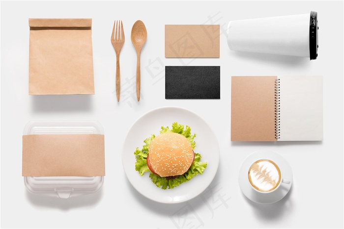 咖啡和汉堡和叉子等