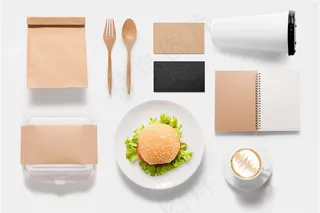 咖啡和汉堡和叉子等