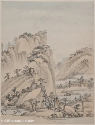 清代画家萧云从山水册页山屋松江国画图片