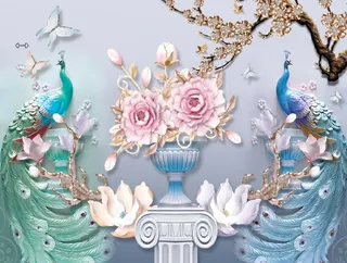 雕塑桃花孔雀花瓶背景墙