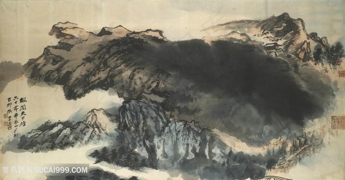 张大千水墨山脉巍峨山脉装饰画