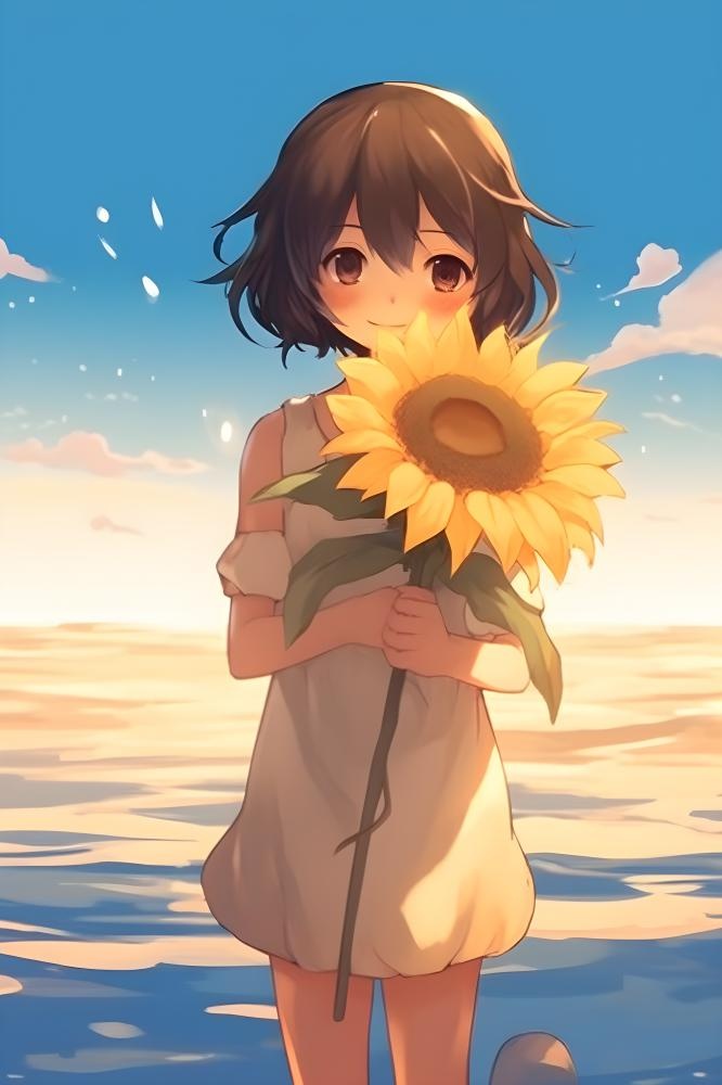 海边拿着向日葵的女孩插画背景(2400x3600)