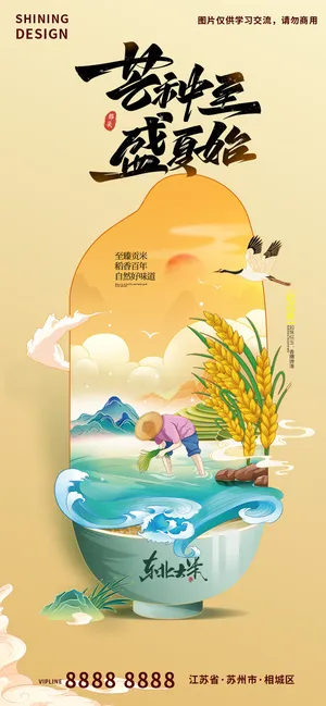 芒种农民种地手绘插画大米海报 芒种农民种地手绘插画大米海报