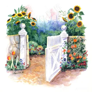 水彩向日葵庭院油画风景画