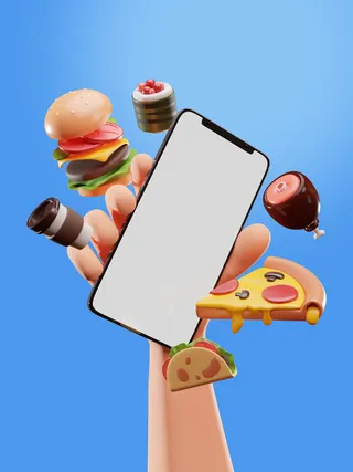 蓝色右手手持苹果手机插画展示样机