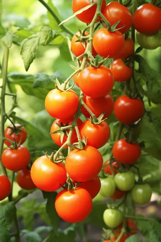 a close up of a bunch of tomatoes on a plant, a digital rendering by Julian Hatton, pixabay, bauhaus, tomatoes hanging on branches, tomatoes, forest gump tomato body 