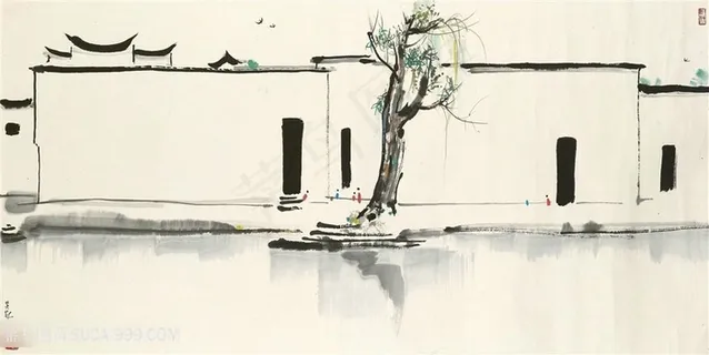 吴冠中中式水墨湖畔房子装饰画 吴冠中中式水墨湖畔房子装饰画