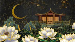 复古中国风国潮手绘烫金仙鹤锦鲤凤凰建筑黑金线描插画PS设计素材