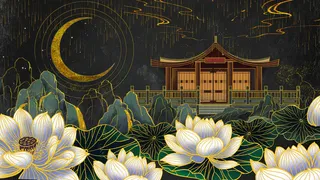 复古中国风国潮手绘烫金仙鹤锦鲤凤凰建筑黑金线描插画PS设计素材