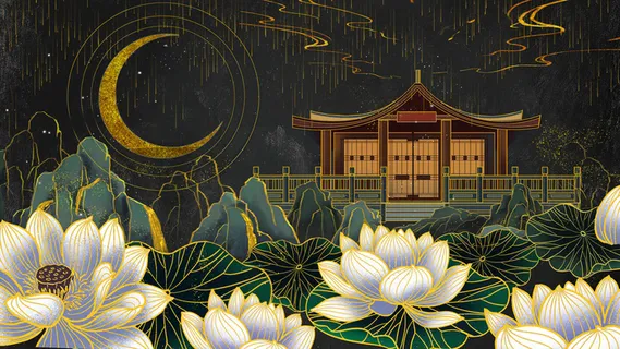 复古中国风国潮手绘烫金仙鹤锦鲤凤凰建筑黑金线描插画PS设计素材 复古中国风国潮手绘烫金仙鹤锦鲤凤凰建筑黑金线描插画PS设计素材