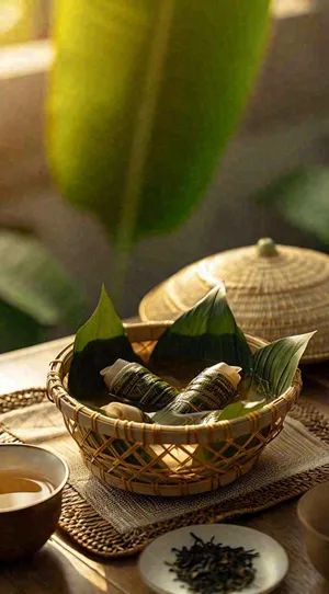 夏天端午阳光粽子粽叶竹篮米饭，芒种夏至