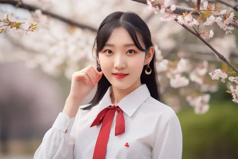 一个带着红色蝴蝶结的年轻女孩在樱花树下拍照摄影图 一个带着红色蝴蝶结的年轻女孩在樱花树下拍照摄影图