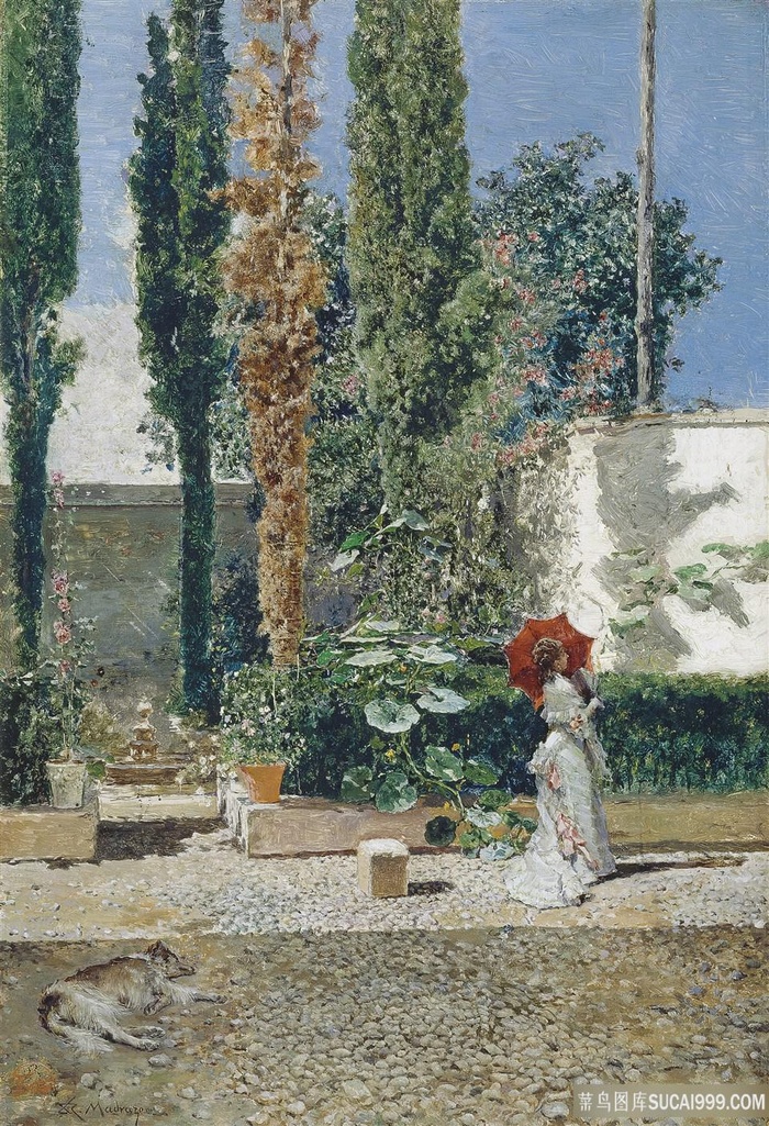 庭院美女油画风景画