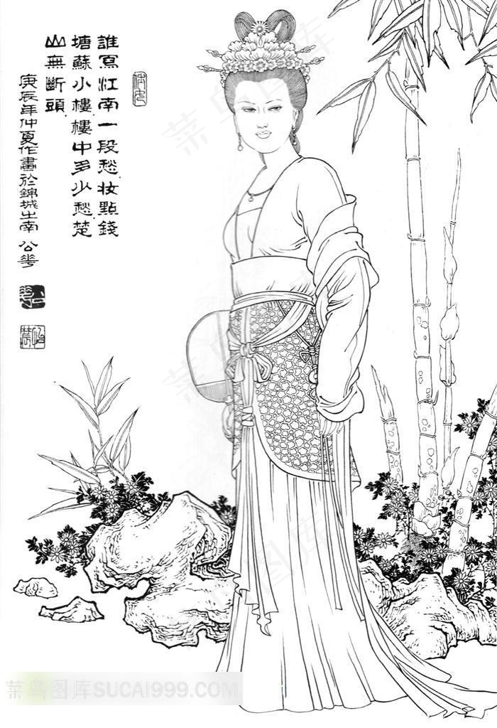 黑白线笔古典仕女素材图片