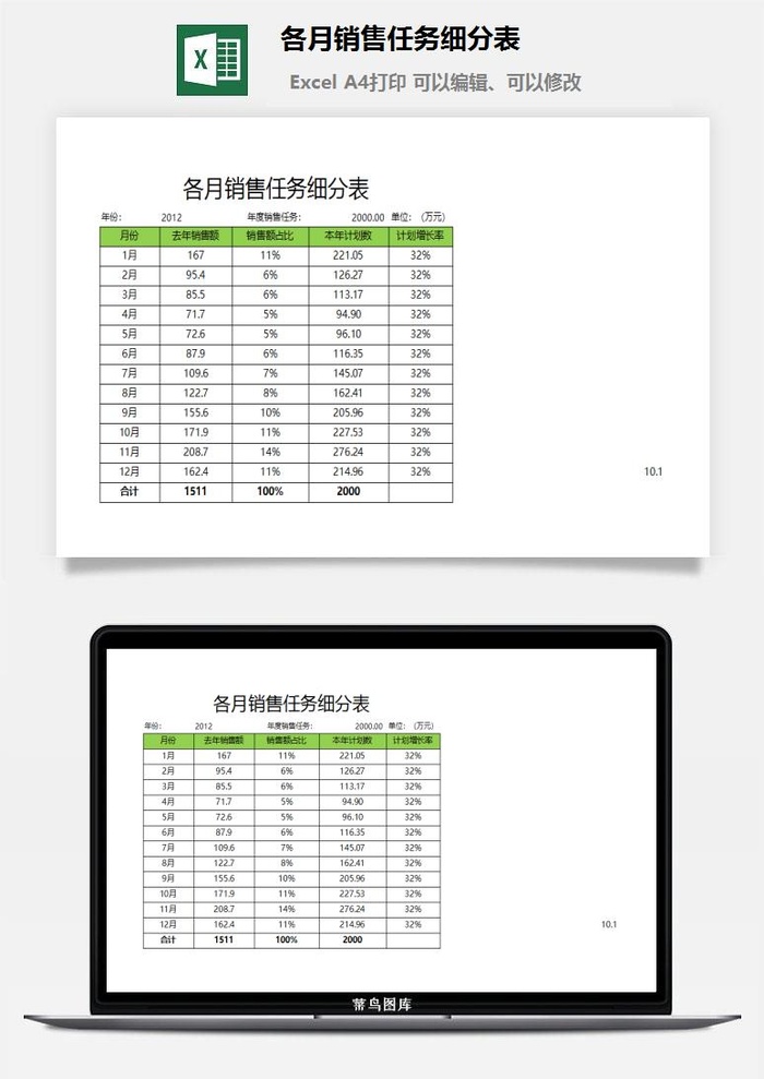 各月销售任务细分表excel模板