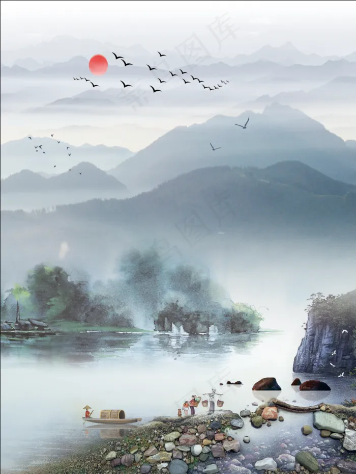 中国风山水花鸟日出帆船人间仙境鸿运当头客厅卧室玄关画酒店装饰画壁画挂画(3005x3997)psd模版下载