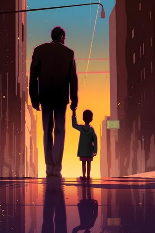 父亲和孩子亲情城市剪影背景