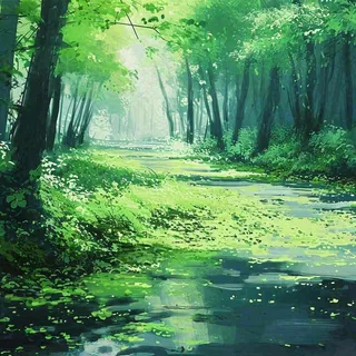 春天绿树成荫的树林里面小溪溪水飘着树叶和花瓣